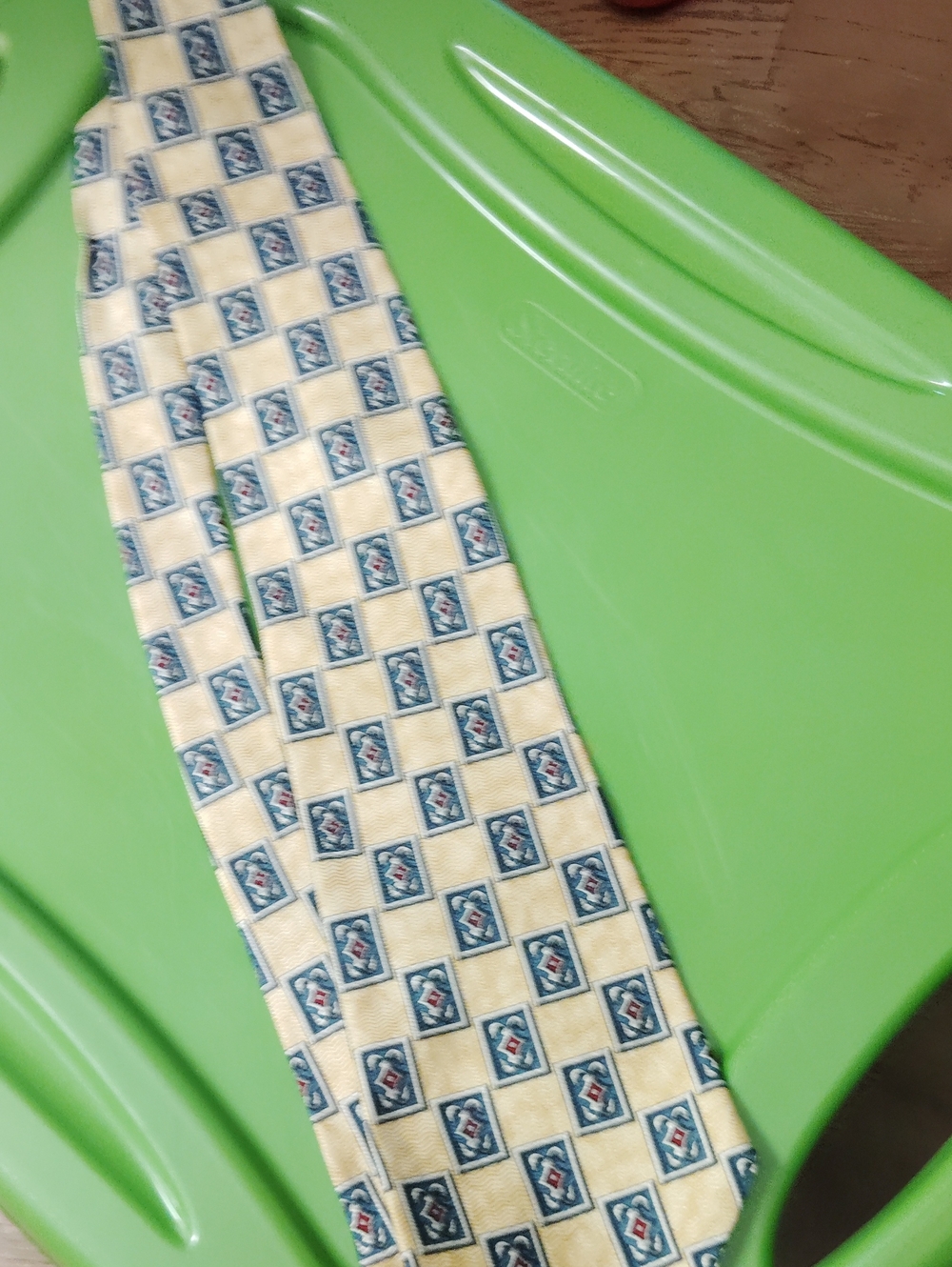 Cream Tie with Blue Geometric Tile Pattern